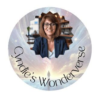 Cyndie's Wonderverse photo of her self and the AI image of infinite possibilities. This is a Blog logo