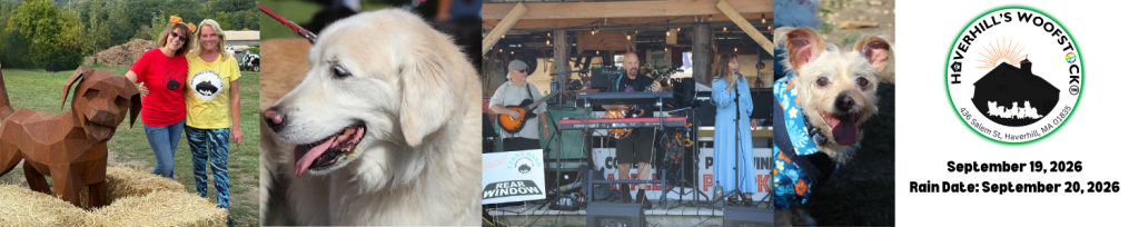 Collage of Haverhill's Woofstock event featuring a wooden dog sculpture, two women posing together, a golden retriever, a live music performance, and a happy small dog in a blue outfit.